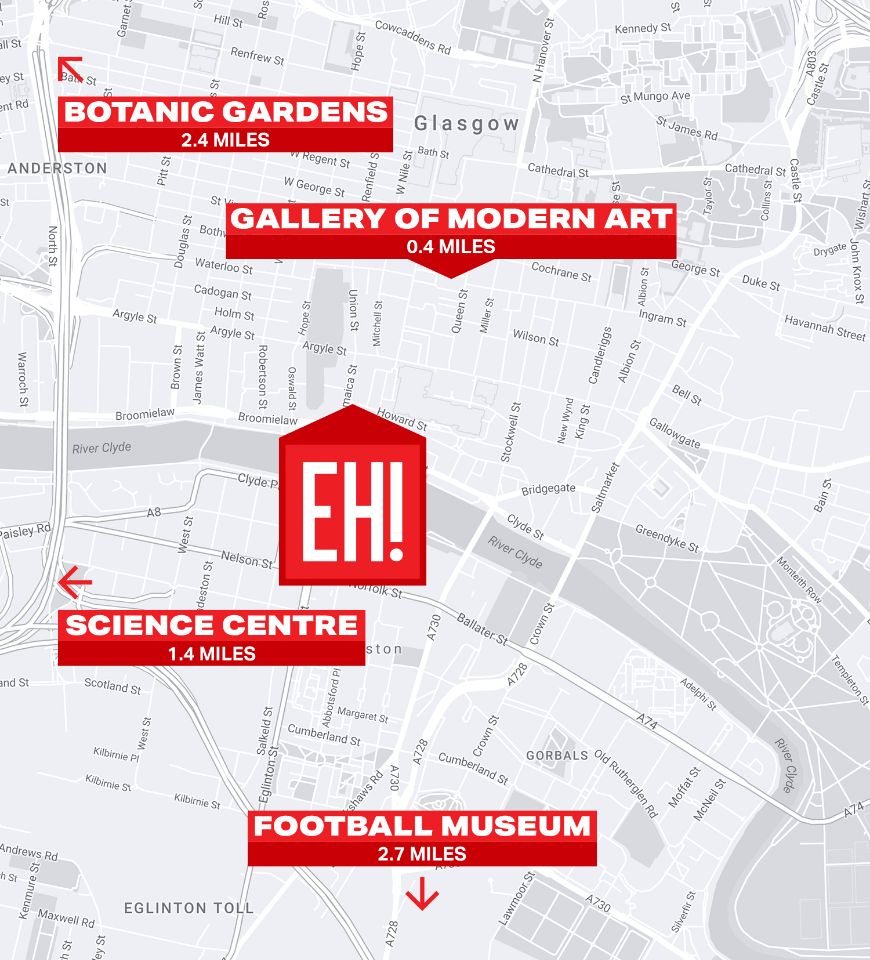 Map of Glasgow, including location of Euro Hostel Glasgow